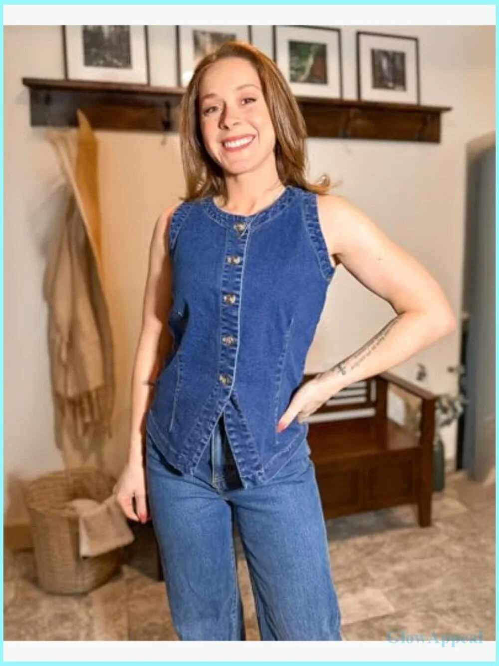Sleeveless Stretchy Jean Vest Top Button Down Crewneck Casual Western Waistcoat